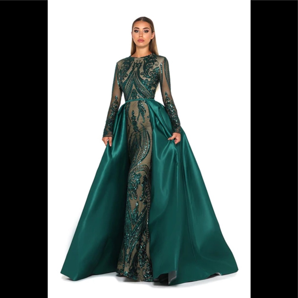 Embellished Halter Column Gown with long sleeves